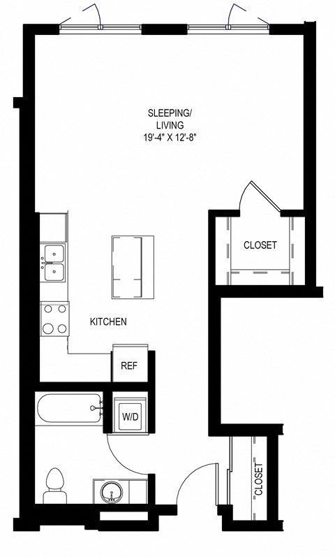 Floor plan for studio, 1 bath, 624 sqft